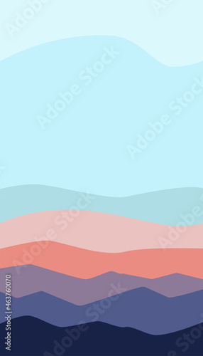 Mountains in poster design. Abstract landscape background with wavy shape, mountains, sky. Stories templates with place for text. Modern vector art for social media marketing, prints, banners.