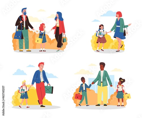 Set scenes with happy parents taking kids in school uniform to school.