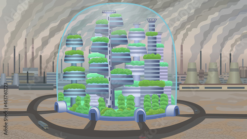 A fantastic green city of the future under a transparent dome.