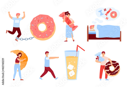 Men and women with sugar addiction, eating disorder and craving to sweet food and drink