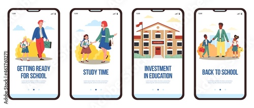 Banner with parents escorting their children to school, flat cartoon vector illustration. Kids going to school accompanying by their mothers and fathers.