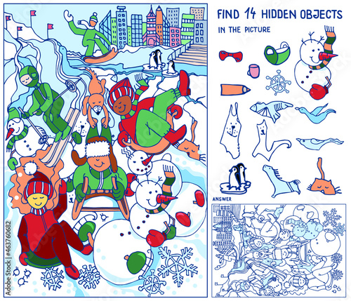 Find hidden objects. People and snowman having fun and winter activities, skiing, skating, children sledding and snowboarding on mountain slope. Puzzle game for kids. Education game, riddles. Sketch 