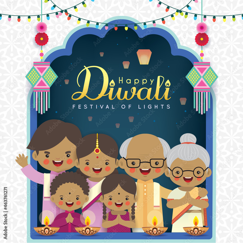 Diwali or Deepavali greeting card. Cute cartoon Indian family celebrate  festival together. Diwali diya, kandil lantern & sky lantern. Indian  festival of lights flat vector illustration. Stock Vector | Adobe Stock