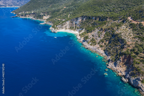 Aerial drone photo of iconic paradise sandy beach of Agiofili near port of Vasiliki with emerald crystal clear sea and sail boats docked  Lefkada island  Ionian  Greece
