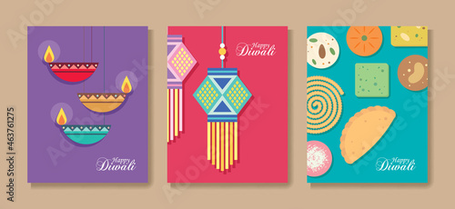 set of Diwali or Deepavali greeting card. Diya oil lamp, kandil lantern and Indian snack in graphic minimal style. Flat vector illustration. 