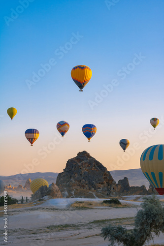 Hot air balloons and fairy chimneys in Cappadocia Turkey
