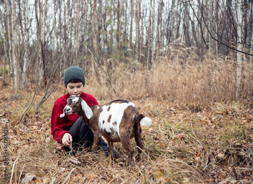 A boy in a red sweater and a little goat  in the forest.