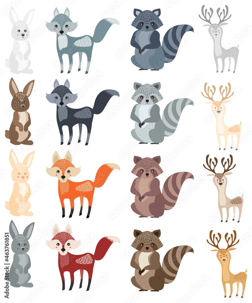 Cute vector animals icon set of hare, wolf, rabbit, raccoon, fox and ...