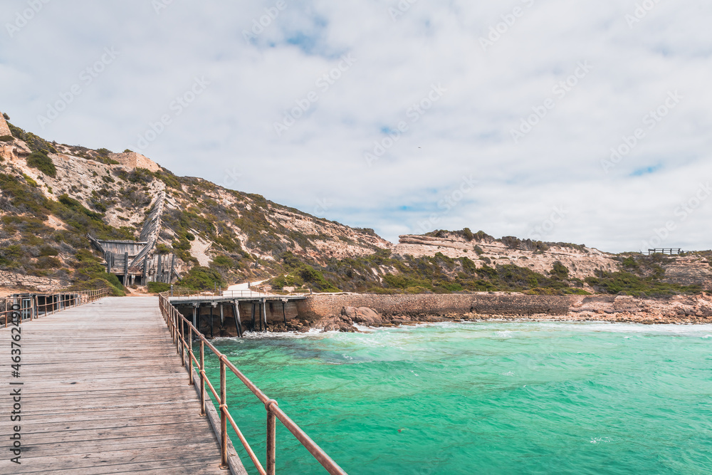 Stenhouse Bay Jetty with old gypsum mine at Inneston Park, Yorke Peninsula, South Australia Stenhouse Bay Jetty with old gypsum mine at Inneston Park, Yorke Peninsula, South Australia
