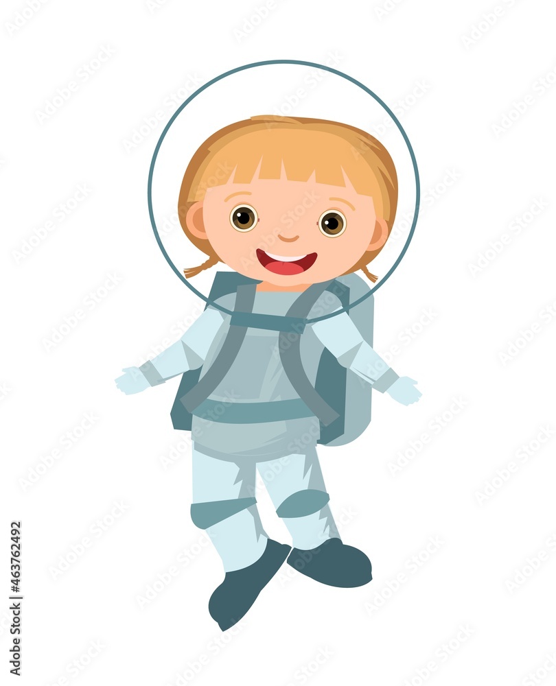 Child astronaut in a spacesuit. Kid. Children's illustration. Little girl. Flat style. Cartoon design. Isolated on white background. Vector