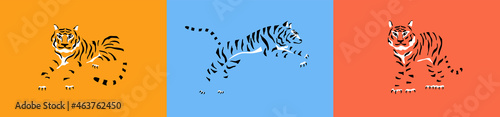 Vector illustrations set of tiger silhouette on colorful background. Wild animal sign. Abstract wildlife design element. Tigers icon collection. New 2022 year symbol. Lying, standing,  jumping tiger