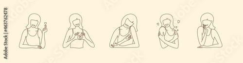 Set of vector illustration of minimalistic female portraits. Woman silhouette in simple trendy linear style. Self care, body positive. Modern line art. Gesture, sign love, hugging, heart shape in hand