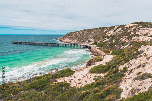 Stenhouse Bay Jetty with people viewed from the lookout at Inneston Park, Yorke Peninsula, South Australia