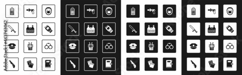 Set Doctor pathologist, Bulletproof vest, Police rubber baton, Dictaphone, Walkie talkie, megaphone, Handcuffs and cap with cockade icon. Vector