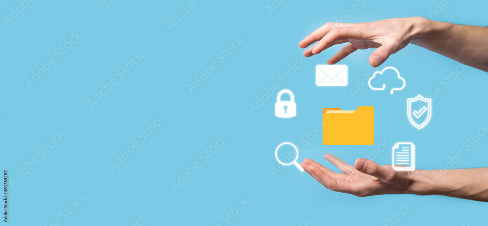 Document Management System DMS .Businessman hold folder and document icon.Software for archiving, searching and managing corporate files and information.Internet Technology Concept.Digital security Document Management System DMS .Businessman hold folder and document icon.Software for archiving, searching and managing corporate files and information.Internet Technology Concept.Digital security