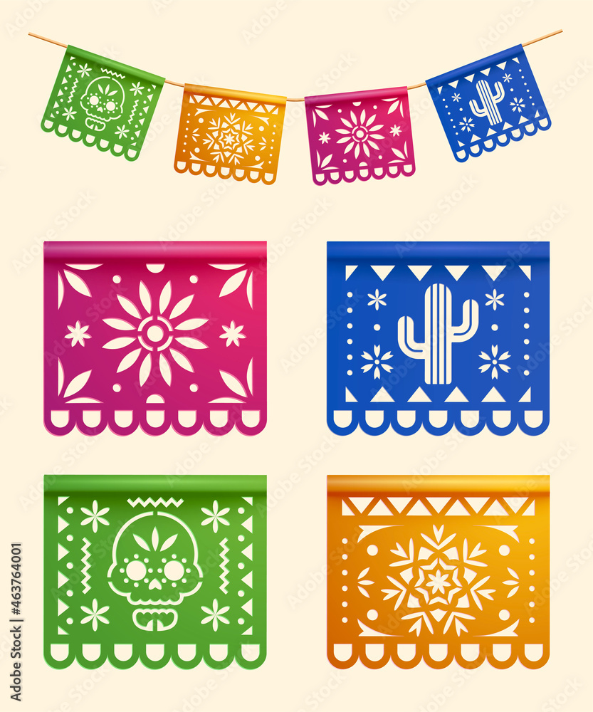 3d colorful papel picado garland vector de Stock | Adobe Stock
