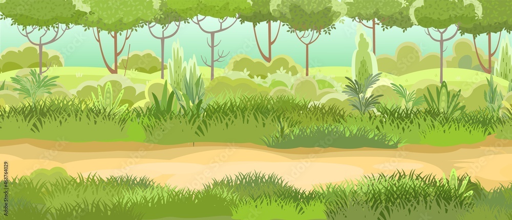 Obraz premium Road at the edge of the forest. Herbaceous green thickets and bushes. Beautiful and graceful landscape. Flat style. Cartoon design. Vector