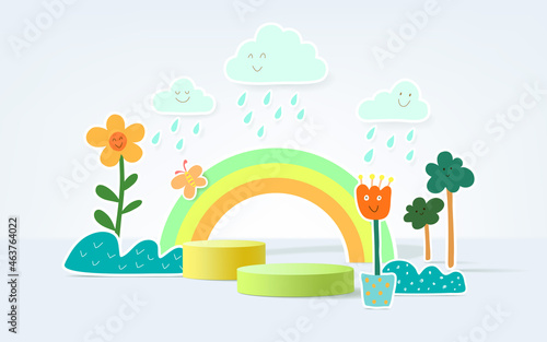 3d product podium with hand drawn weather background, empty space for kids or baby product.