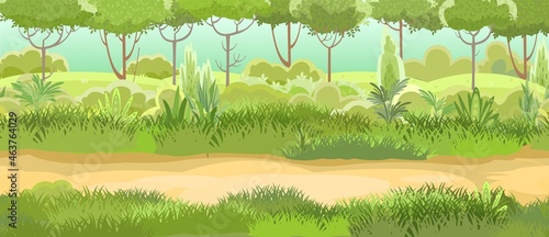 Road at the edge of the forest. Herbaceous green thickets and bushes. Beautiful and graceful landscape. Flat style. Cartoon design. Vector