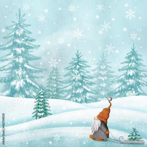 Scandinavian Tomte gnome walking in snow forest. Watercolor winter illustration