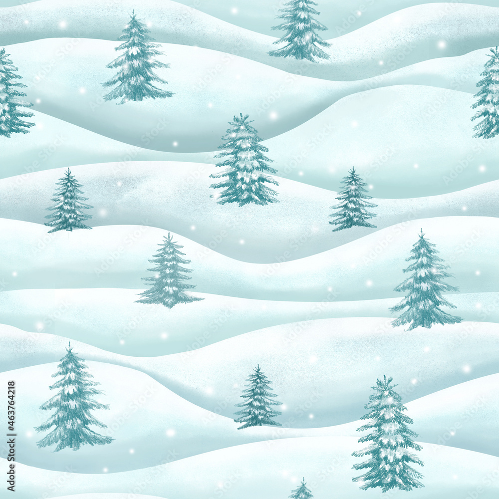 Spruce trees on snow background, seamless pattern. Christmas pine tree watercolor winter print  