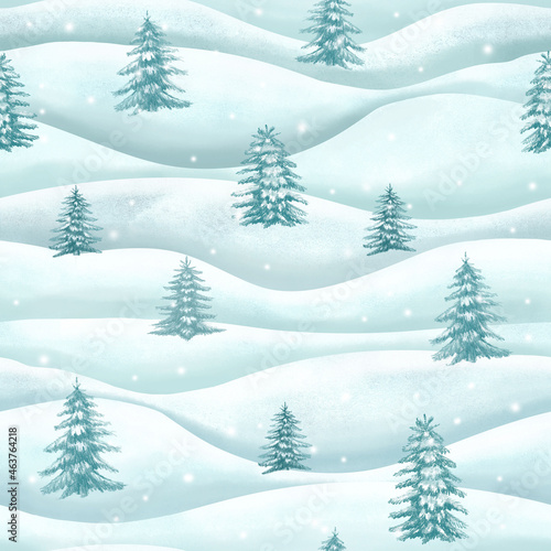 Spruce trees on snow background, seamless pattern. Christmas pine tree watercolor winter print   © Lia