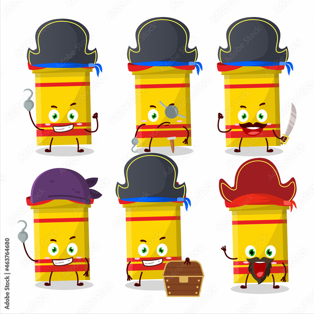 Cartoon character of yellow long gift box with various pirates emoticons Cartoon character of yellow long gift box with various pirates emoticons
