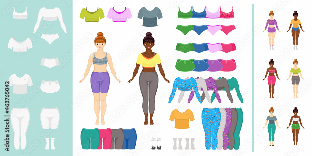 Pretty young women of big sizes, dressed in sportswear. Body positive. Dress up paper doll.  Cartoon flat style. Vector illustration