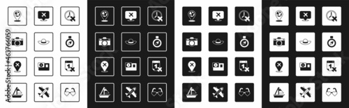 Set Clock with airplane, Elegant women hat, Photo camera, Location on the globe, Compass, Speech bubble, Calendar and and Plane icon. Vector