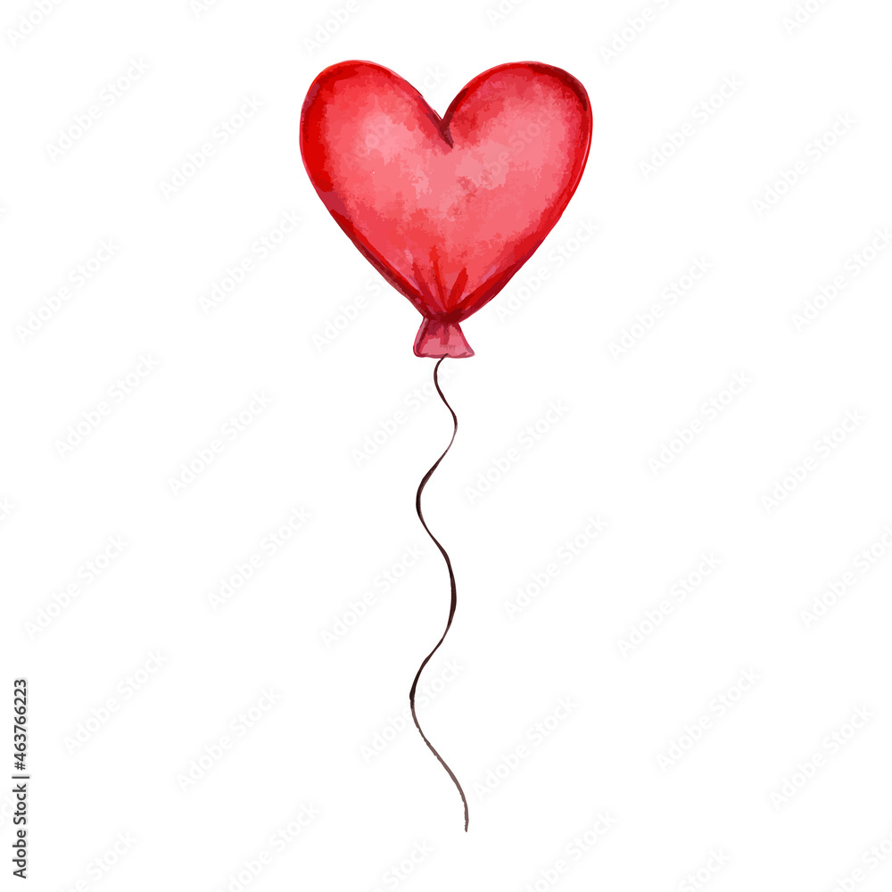 Red balloon in the shape of a heart on a white background. Hand-drawn watercolor vector illustration