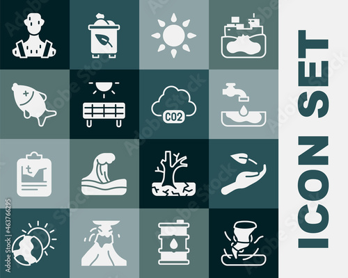 Set Tornado, Sprout in hand, Water problem, Sun, Solar energy panel, Dead fish, High human body temperature and CO2 emissions cloud icon. Vector