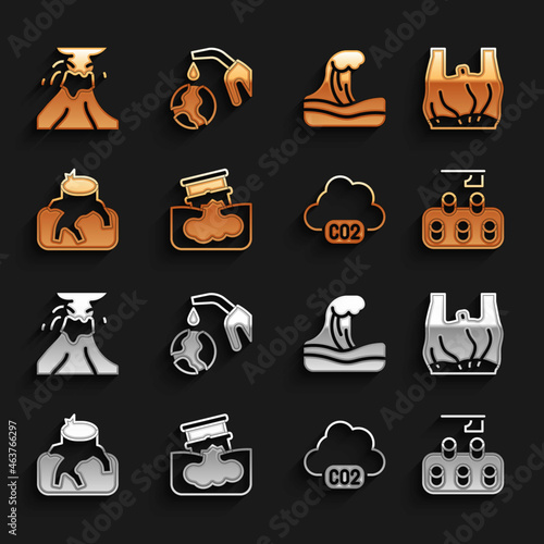 Set Barrel oil leak, Say no to plastic bags poster, Deforestation, CO2 emissions in cloud, Tsunami, Volcano eruption with lava and Gas pump nozzle and globe icon. Vector