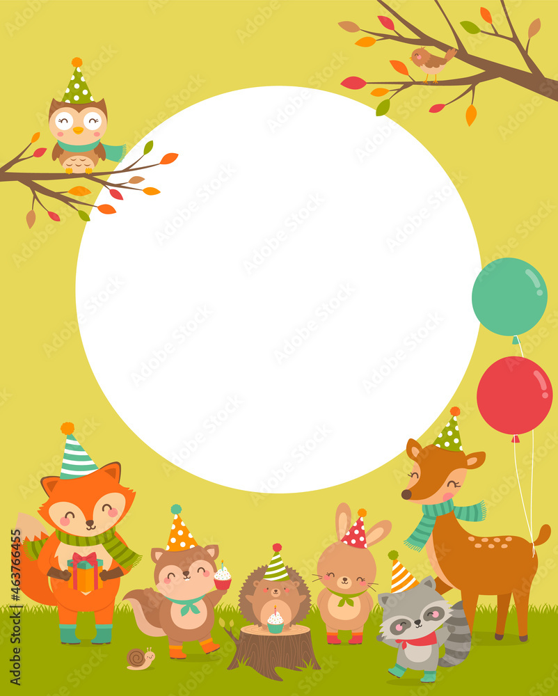 Cute woodland cartoon animals with copy space for kids party invitation card template. Cute woodland cartoon animals with copy space for kids party invitation card template.