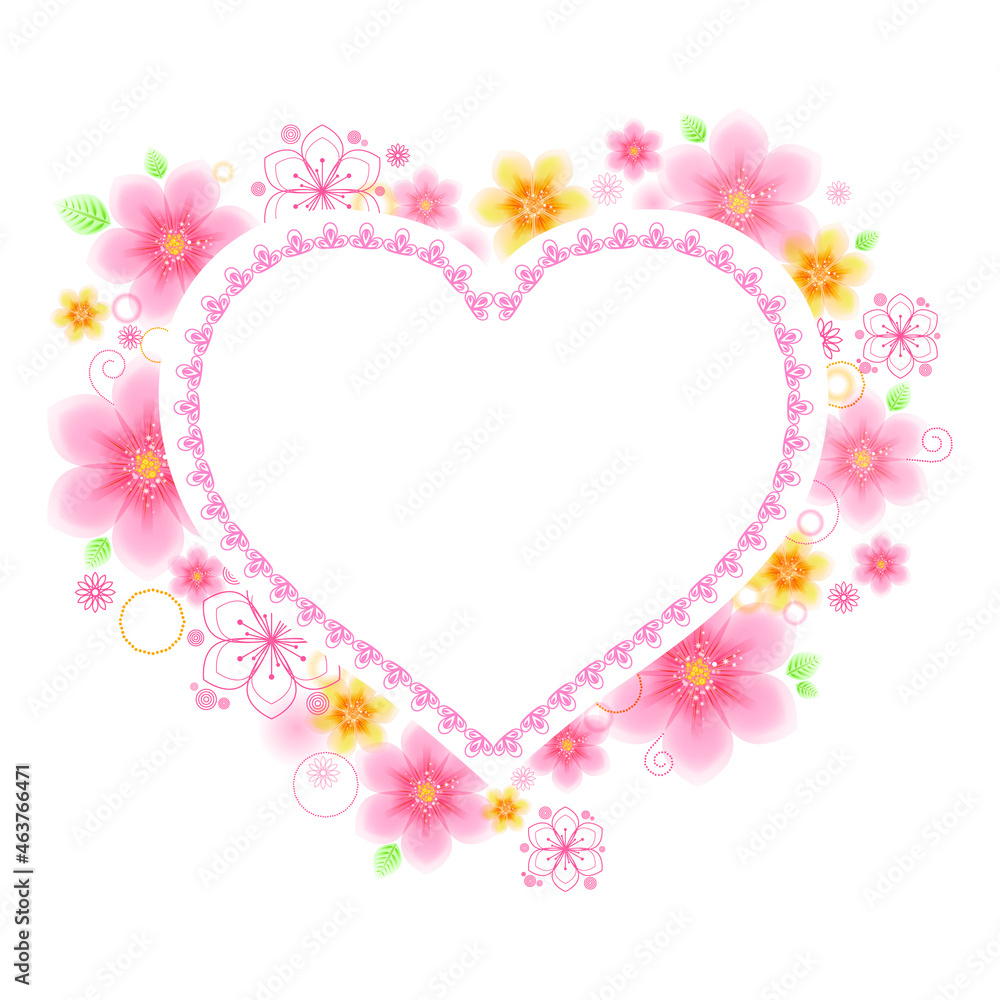 Vector illustration of a frame in the shape of a heart made of pink and yellow flowers. Heart of spring flowers. Greeting card, invitation, banner for solemn events.