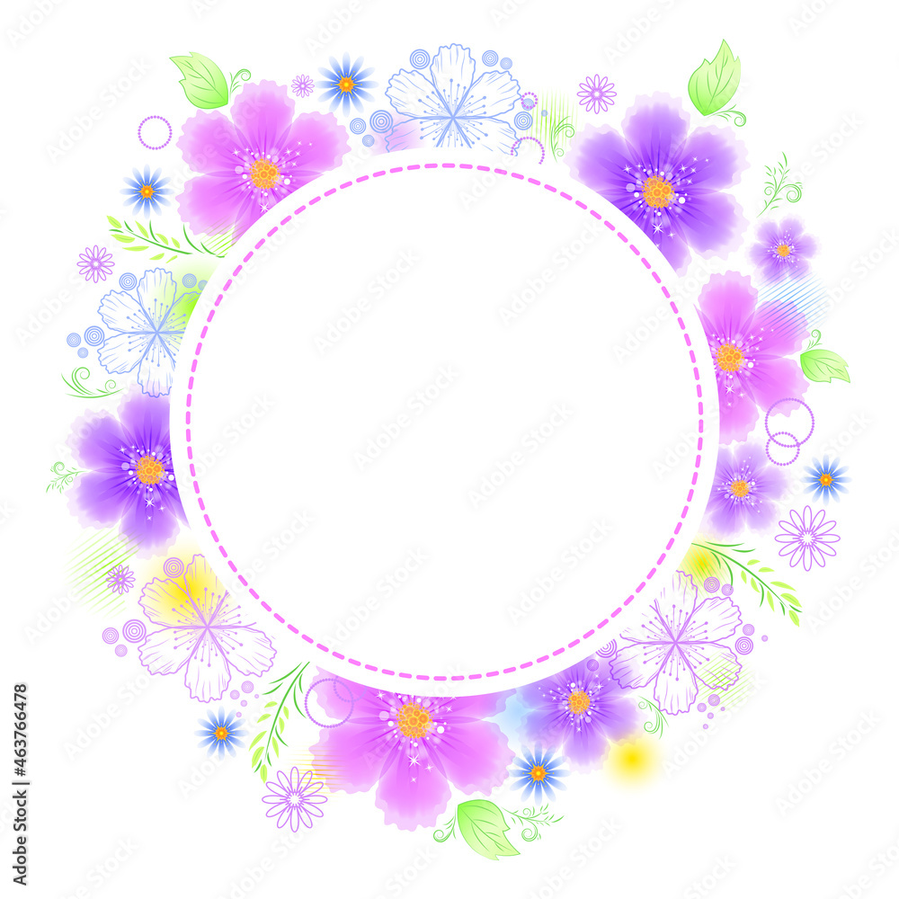 Vector illustration of a frame in the shape of a circle of pink, blue and purple flowers. Wreath of spring flowers. Greeting card, invitation, banner for solemn events. Vector illustration of a frame in the shape of a circle of pink, blue and purple flowers. Wreath of spring flowers. Greeting card, invitation, banner for solemn events.