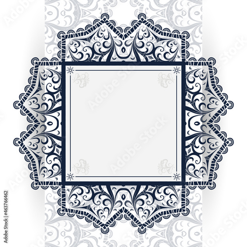Lacy decorative dark blue frame on a light background. An abstract vegetable background with the place for your text. A vintage card for a wedding, holidays, a celebration. Web ornament.