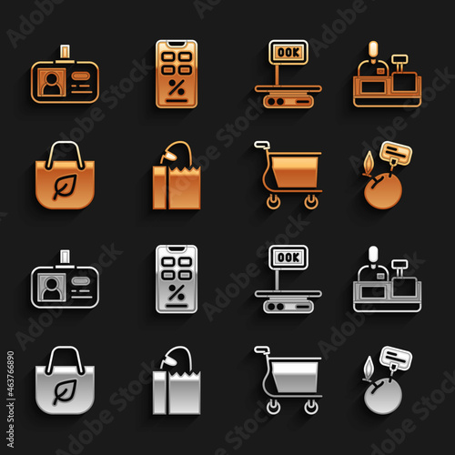 Set Paper bag with bread loaf, Supermarket food products price label, Shopping cart, recycle, Electronic scales, Identification badge and Percent discount and mobile icon. Vector