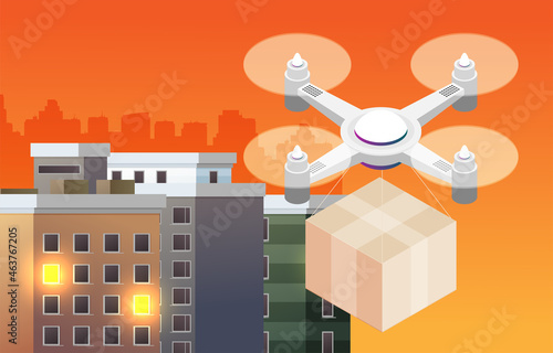Remote air drone with a box in flat style vector