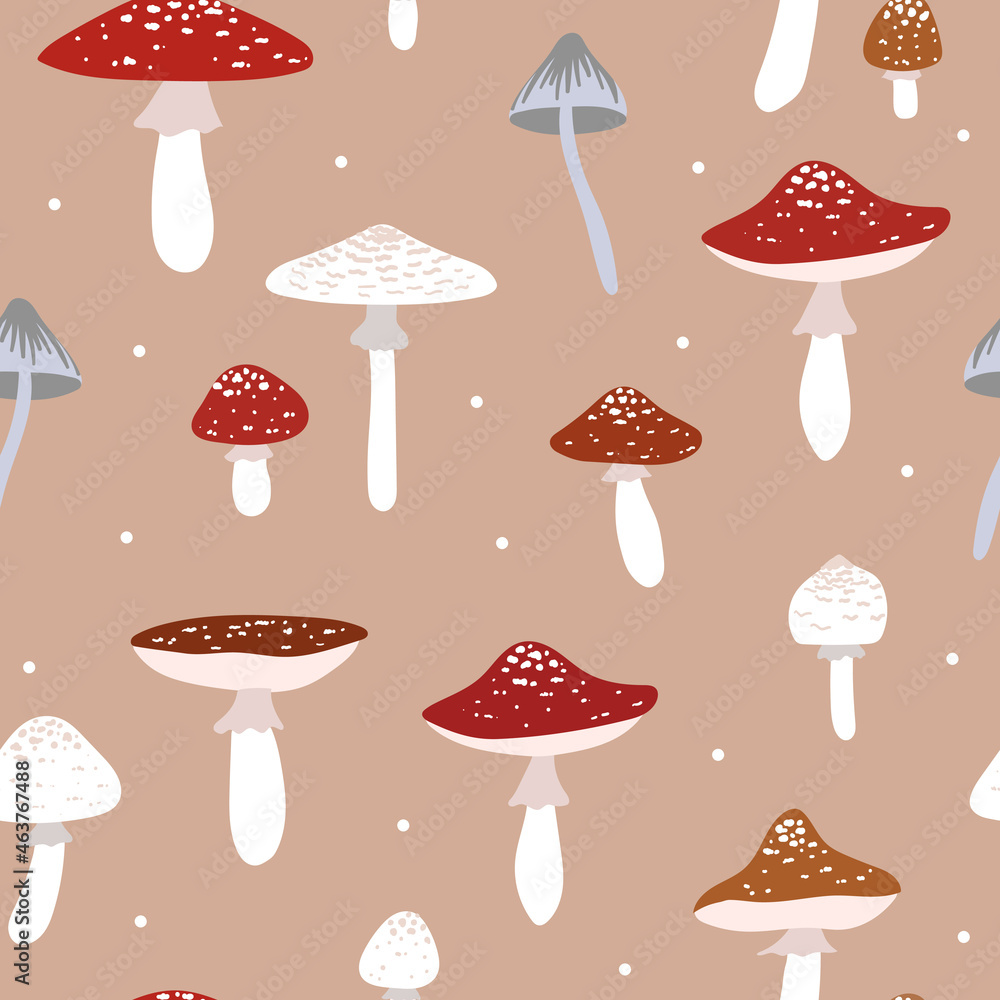 Fly agaric seamless pattern. Hand drawn vector illustration wish mushrooms. Texture with colorful poisonous mushroom on pastel background. Autumn collection. Fly agaric seamless pattern. Hand drawn vector illustration wish mushrooms. Texture with colorful poisonous mushroom on pastel background. Autumn collection.