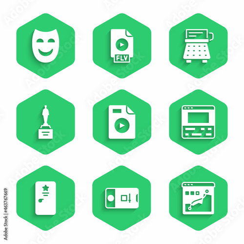 Set AVI file document, Photo and video shooting, Histogram graph photography, Video recorder on laptop, Backstage, Movie trophy, Retro typewriter and Comedy theatrical mask icon. Vector