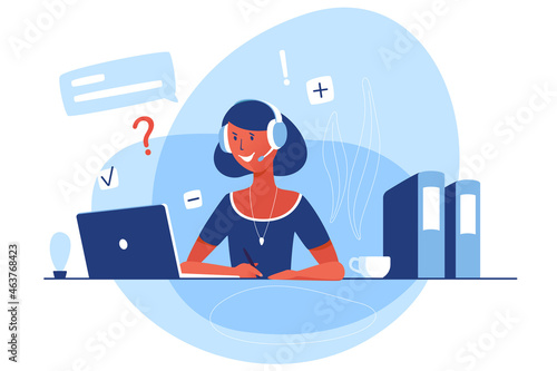 A female works in customer support. Vector flat character is sitting in front of a laptop and answering with headphones and a microphone.