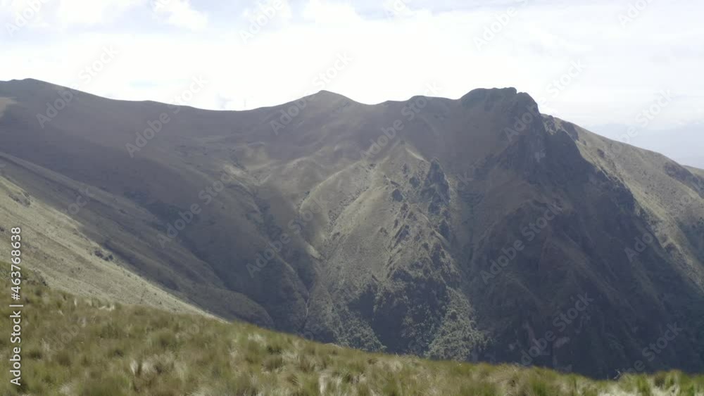 Drone shot going up the moorland of the Andes in a dormant volcano called Rucu Pichincha near Quito, Ecuador. A huge mountain is seen as well as grass and plants. Drone shot going up the moorland of the Andes in a dormant volcano called Rucu Pichincha near Quito, Ecuador. A huge mountain is seen as well as grass and plants.