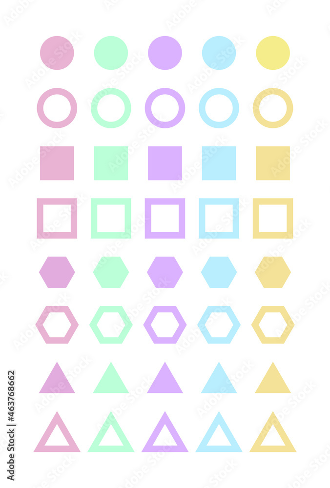 A set of point sticker illustrations of various shapes and pastel colors. Digital stickers in the shape of triangles, squares, hexagons, circles.