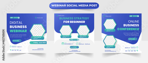 Set of social media post layout for online live webinar video conference training seminar course and learning banner flyer poster template design