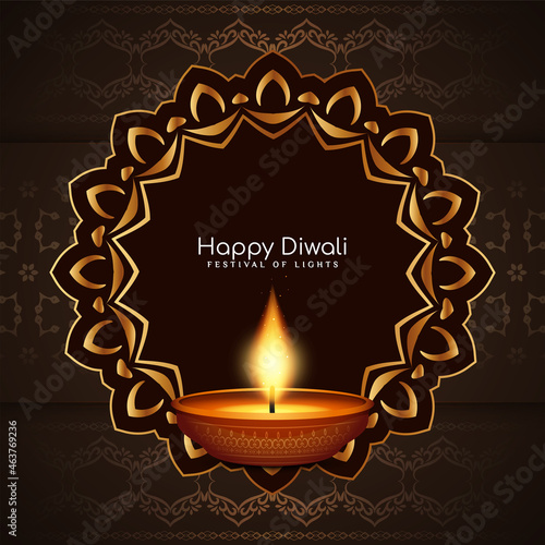 Happy Diwali festival background with golden frame and diya