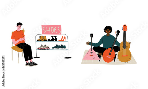People Character Selling Goods at Marketplace or Flea Market Vector Illustration Set