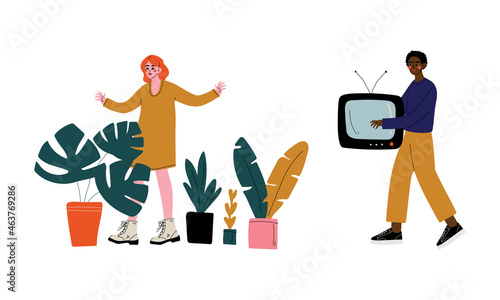 Man and Woman Character Selling and Buying Goods at Marketplace or Flea Market Vector Illustration Set