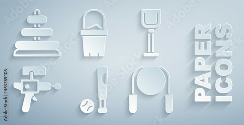 Set Baseball bat with ball, Shovel toy, Ray gun, Jump rope, Sand in bucket and Pyramid icon. Vector