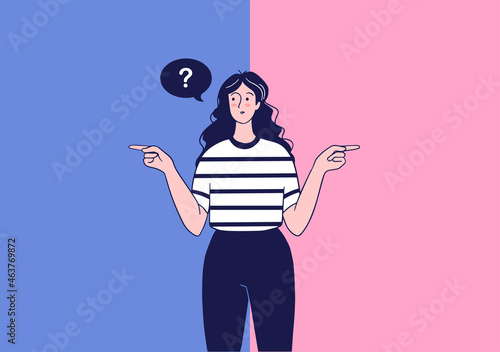 Pensive woman makes a choice, vector illustration.
