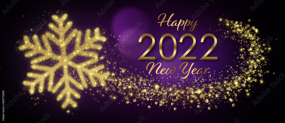 Happy 2022 New Year Greeting Card With Golden Snowflake In Abstract Purple Night